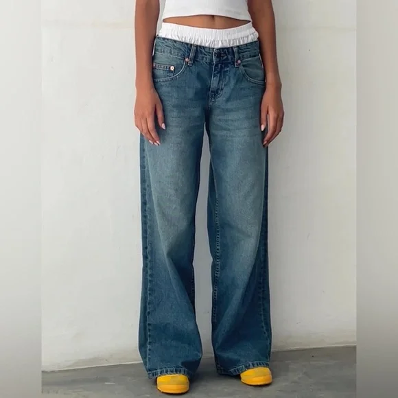 Motel Rocks - Roomy Extra Wide Low Rise Jeans in Vintage Blue Green - Picture 2 of 10